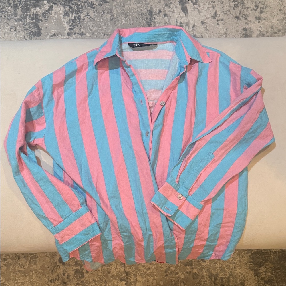 Pink and Blue Linen Blend Striped Oversized Button Up Shirt Summer Beach Spring